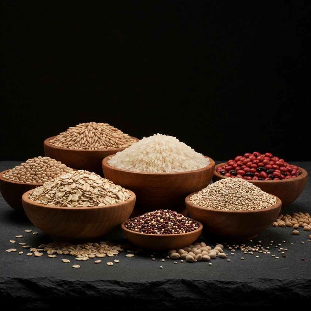 Täysjyväviljoja ja palkokasveja puukulhoissa